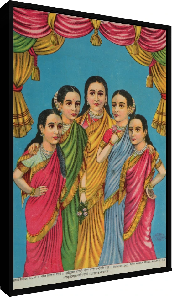 Panchakanya canvas print by Raja Ravi Varma showing five elegant women in traditional Indian sarees. — floater frame preview | PrintPosters.in