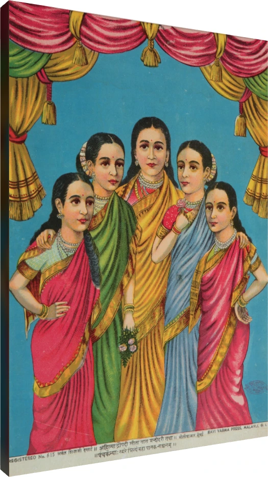 Panchakanya canvas print by Raja Ravi Varma showing five elegant women in traditional Indian sarees. | PrintPosters.in