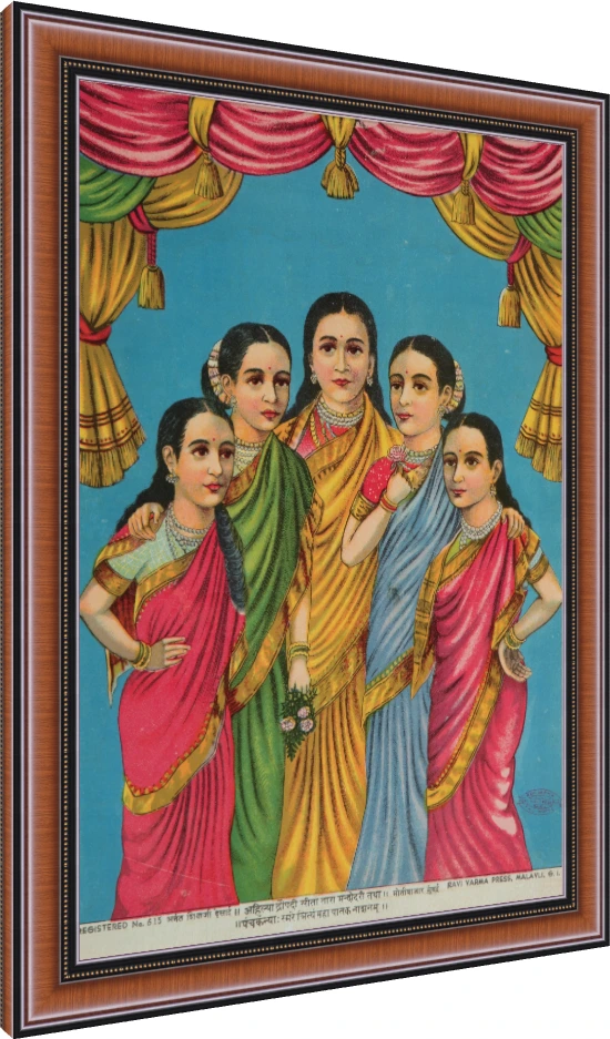 Panchakanya canvas print by Raja Ravi Varma showing five elegant women in traditional Indian sarees. — photo frame preview | PrintPosters.in