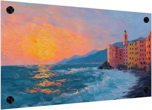 Coastal Village Sunset Impasto — acrylic preview | PrintPosters.in