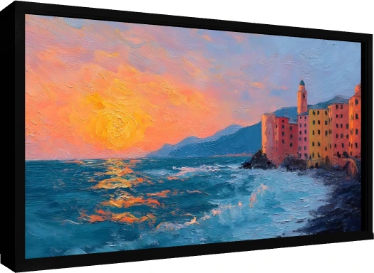 Coastal Village Sunset Impasto Canvas Print wall art print — floater frame preview | PrintPosters.in