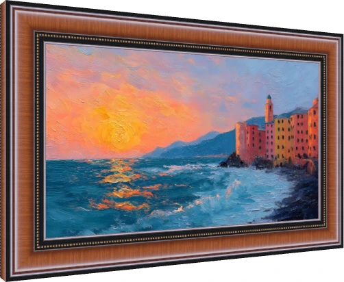 Coastal Village Sunset Impasto — photo frame preview | PrintPosters.in