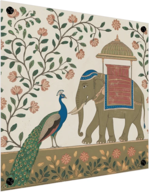 Traditional Indian painting of a decorated royal elephant and a peacock under flowering vines on an off-white background. — acrylic preview | PrintPosters.in