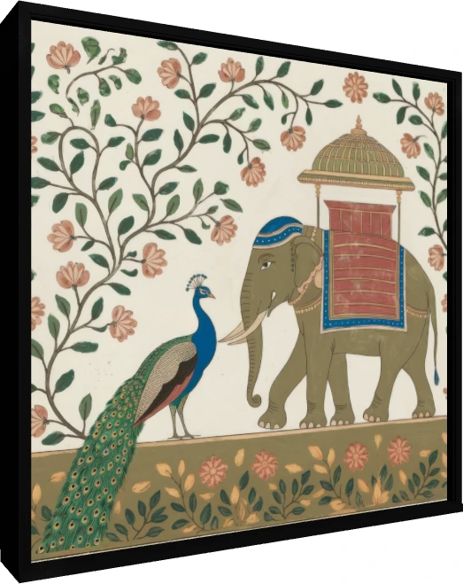 Traditional Indian painting of a decorated royal elephant and a peacock under flowering vines on an off-white background. — floater frame preview | PrintPosters.in