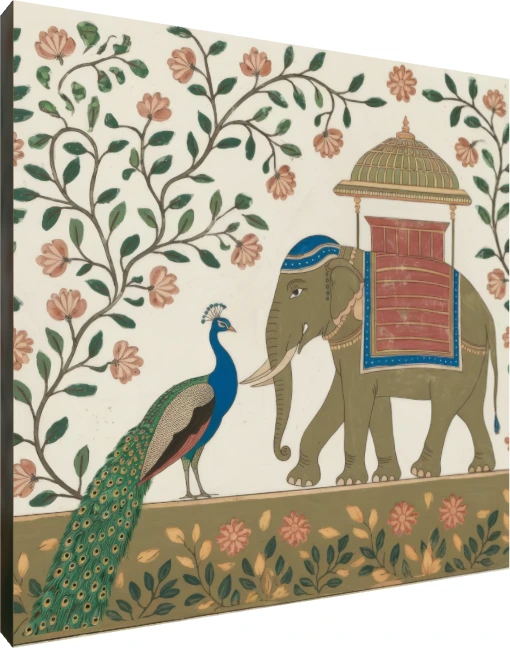 Traditional Indian painting of a decorated royal elephant and a peacock under flowering vines on an off-white background. | PrintPosters.in