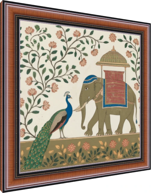 Traditional Indian painting of a decorated royal elephant and a peacock under flowering vines on an off-white background. — photo frame preview | PrintPosters.in