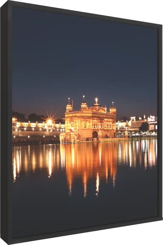 Divine Golden Temple Dawn Canvas — floater frame preview | PrintPosters.in