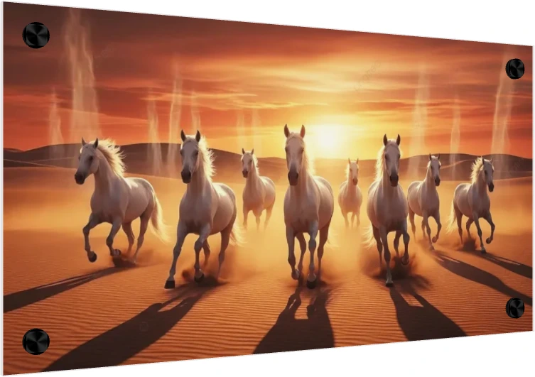 Seven White Horses in Desert Sunset wall art print — acrylic preview | PrintPosters.in