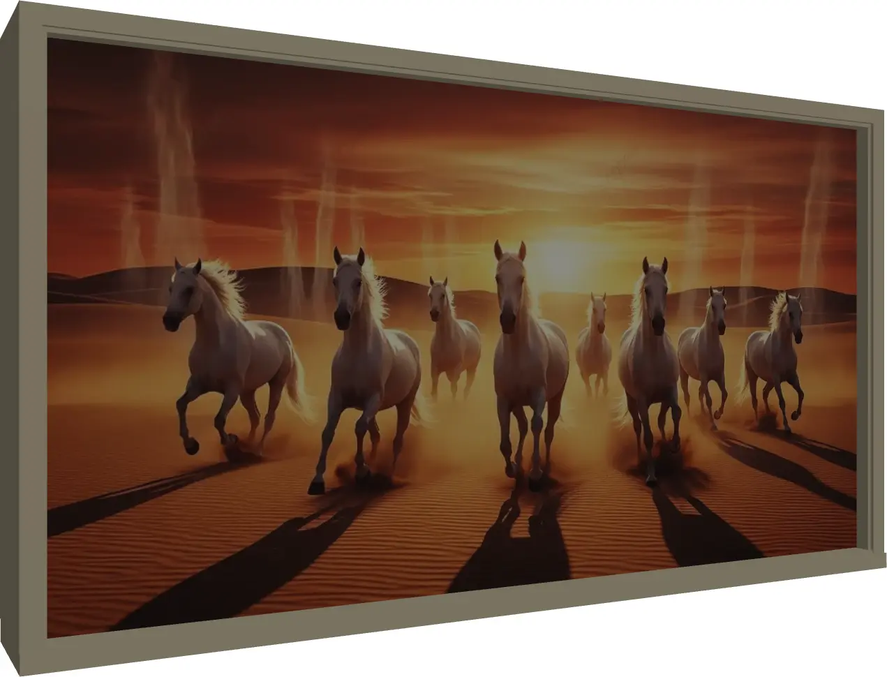 Seven White Horses in Desert Sunset — floater frame preview | PrintPosters.in