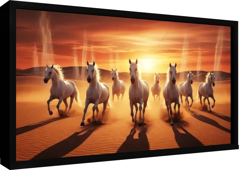 Seven White Horses in Desert Sunset wall art print — floater frame preview | PrintPosters.in