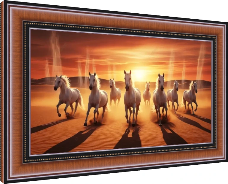 Seven White Horses in Desert Sunset wall art print — photo frame preview | PrintPosters.in
