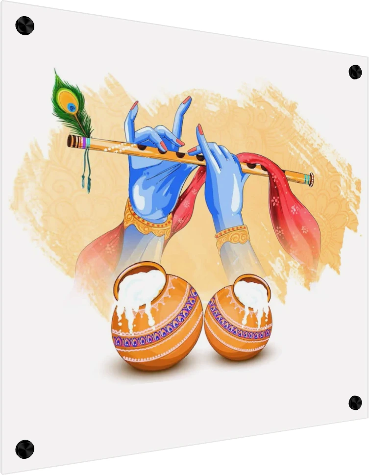 Illustration of Lord Krishna's blue hands playing a golden flute decorated with a peacock feather above two pots of butter. — acrylic preview | PrintPosters.in