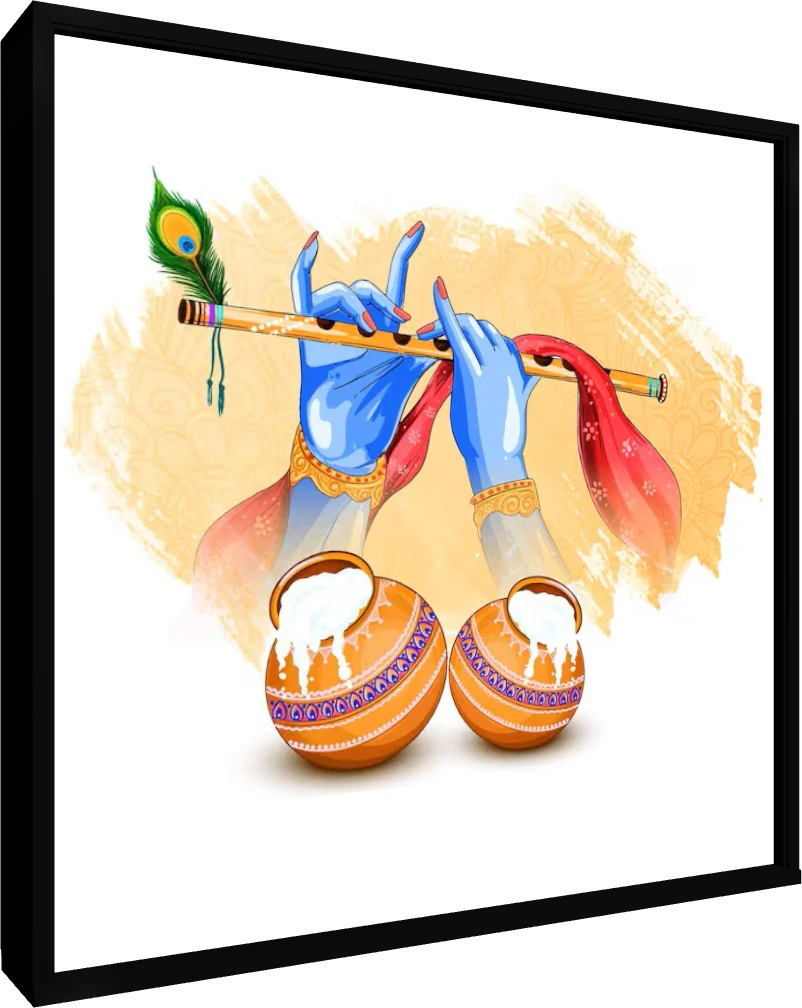 Illustration of Lord Krishna's blue hands playing a golden flute decorated with a peacock feather above two pots of butter. — floater frame preview | PrintPosters.in