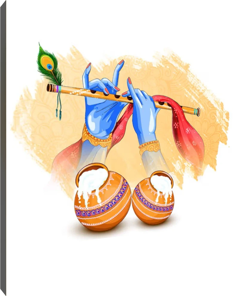 Illustration of Lord Krishna's blue hands playing a golden flute decorated with a peacock feather above two pots of butter. | PrintPosters.in