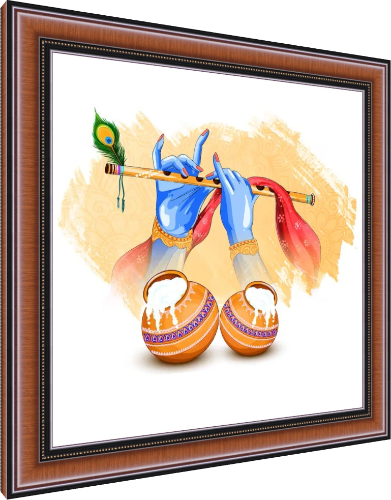 Illustration of Lord Krishna's blue hands playing a golden flute decorated with a peacock feather above two pots of butter. — photo frame preview | PrintPosters.in