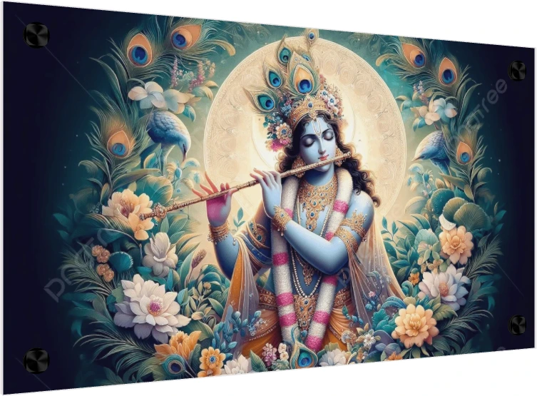 Digital painting of Lord Krishna playing the flute, surrounded by peacock feathers and lotuses. — acrylic preview | PrintPosters.in