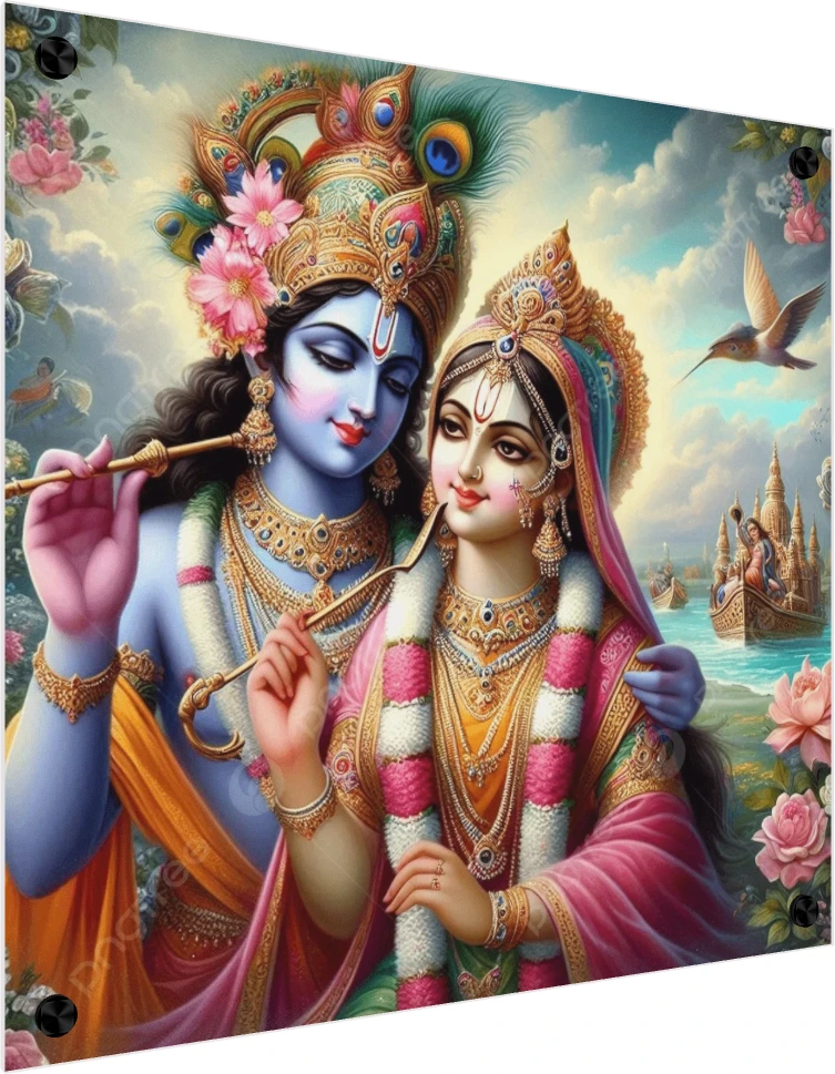 A vibrant digital painting of Radha and Krishna in a loving embrace near a lake with a temple boat. — acrylic preview | PrintPosters.in