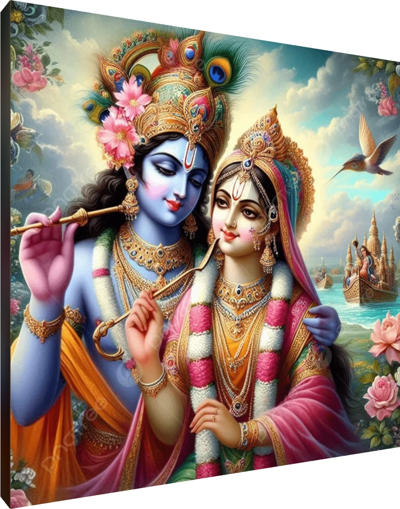 A vibrant digital painting of Radha and Krishna in a loving embrace near a lake with a temple boat. | PrintPosters.in