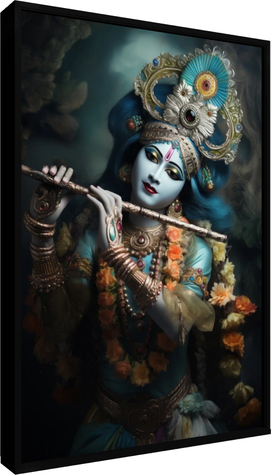 Ethereal Blue Krishna Playing Flute Canvas wall art print — floater frame preview | PrintPosters.in