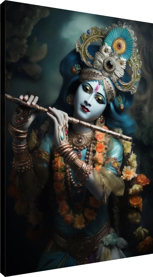Ethereal Blue Krishna Playing Flute Canvas wall art print | PrintPosters.in