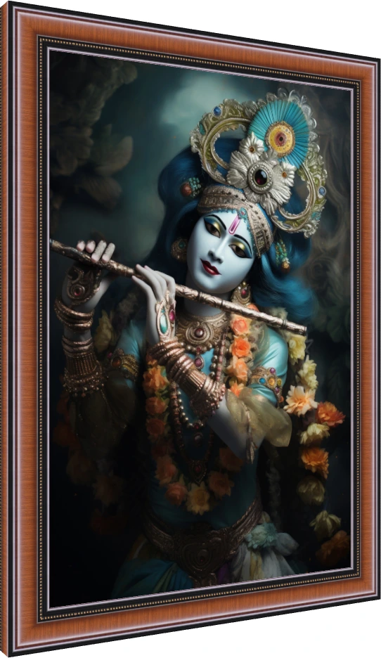 Ethereal Blue Krishna Playing Flute Canvas wall art print — photo frame preview | PrintPosters.in