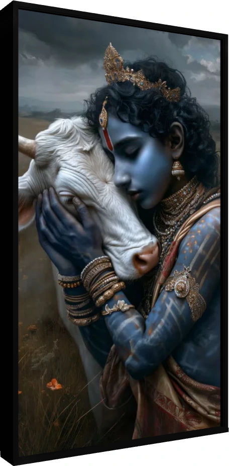 Divine Krishna Embracing Sacred Cow Print wall art print — floater frame preview | PrintPosters.in