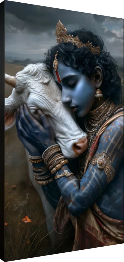 Divine Krishna Embracing Sacred Cow Print wall art print | PrintPosters.in