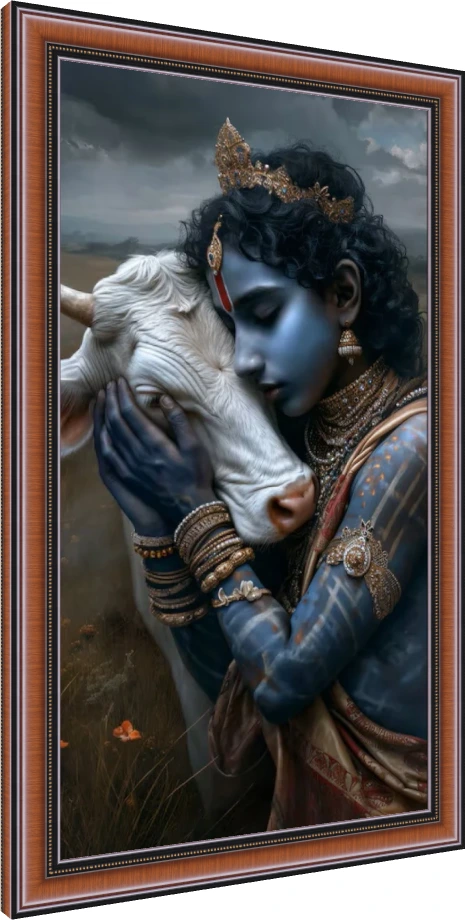 Divine Krishna Embracing Sacred Cow Print wall art print — photo frame preview | PrintPosters.in