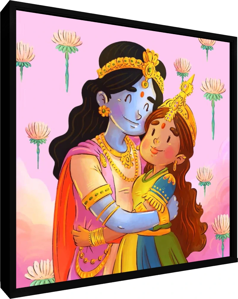 Cute Animated Radha Krishna Art Print wall art print — floater frame preview | PrintPosters.in