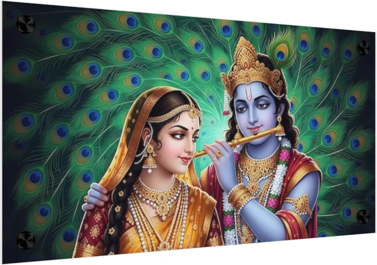 Majestic Peacock Radha Krishna Canvas wall art print — acrylic preview | PrintPosters.in