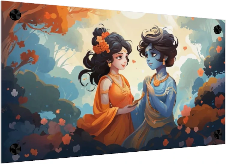 Modern anime-style digital painting of Shri Radha in orange and Lord Krishna in blue gazing lovingly at each other in Vrindavan. — acrylic preview | PrintPosters.in