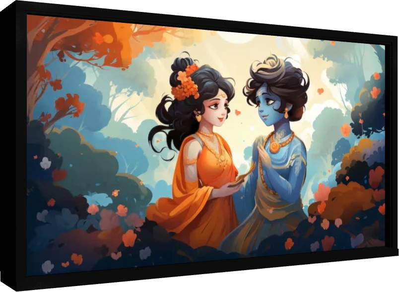 Modern anime-style digital painting of Shri Radha in orange and Lord Krishna in blue gazing lovingly at each other in Vrindavan. — floater frame preview | PrintPosters.in