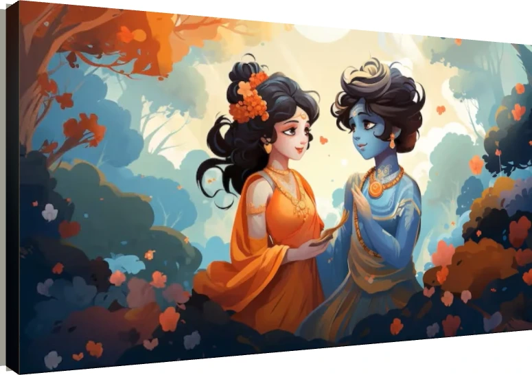 Modern anime-style digital painting of Shri Radha in orange and Lord Krishna in blue gazing lovingly at each other in Vrindavan. | PrintPosters.in