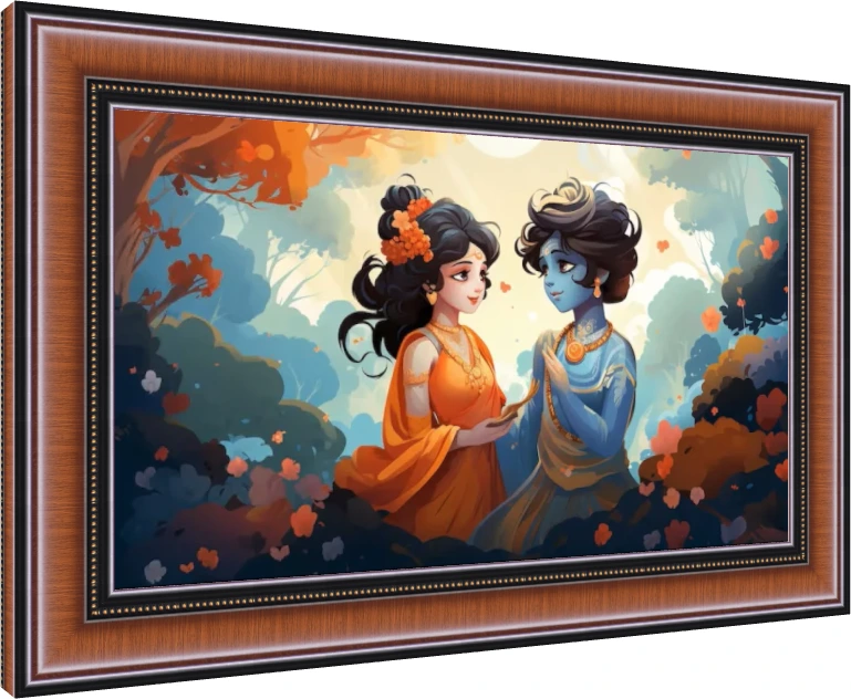 Modern anime-style digital painting of Shri Radha in orange and Lord Krishna in blue gazing lovingly at each other in Vrindavan. — photo frame preview | PrintPosters.in