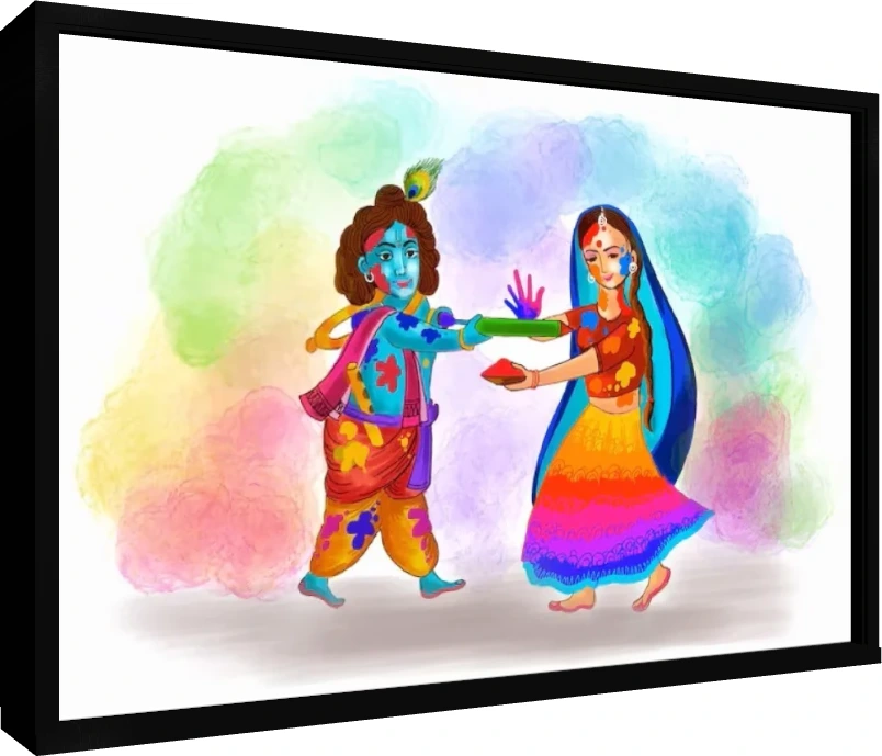 Radha Krishna Happy Holi Watercolor Art wall art print — floater frame preview | PrintPosters.in