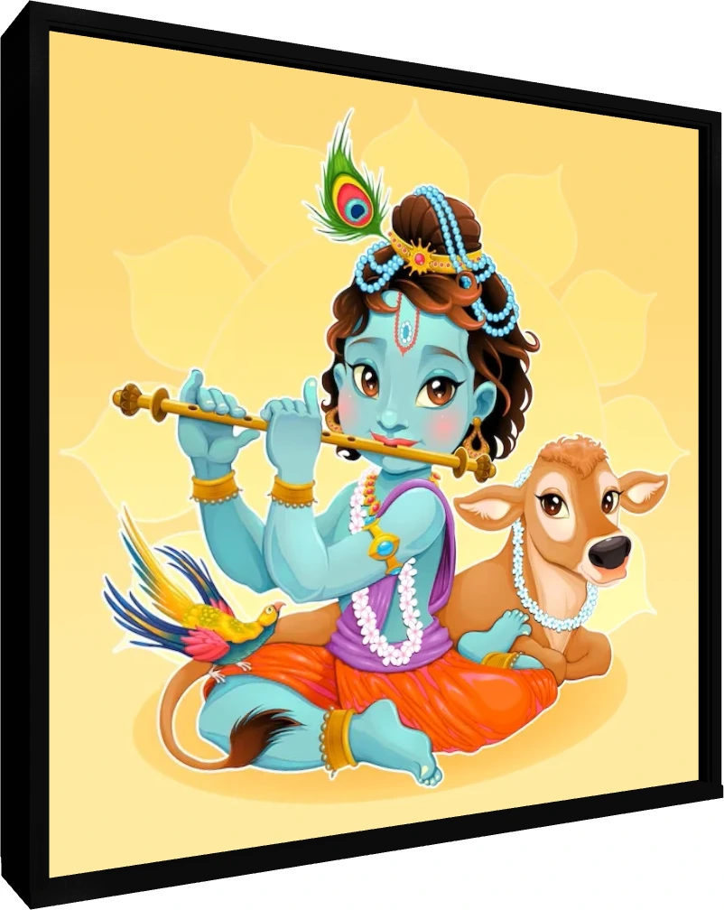 Cute digital illustration of baby Lord Krishna with blue skin playing a flute next to a small brown calf. — floater frame preview | PrintPosters.in