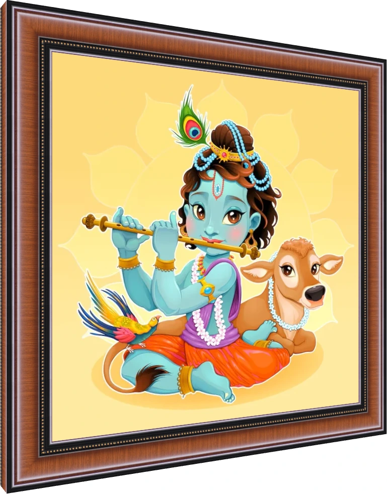 Cute digital illustration of baby Lord Krishna with blue skin playing a flute next to a small brown calf. — photo frame preview | PrintPosters.in