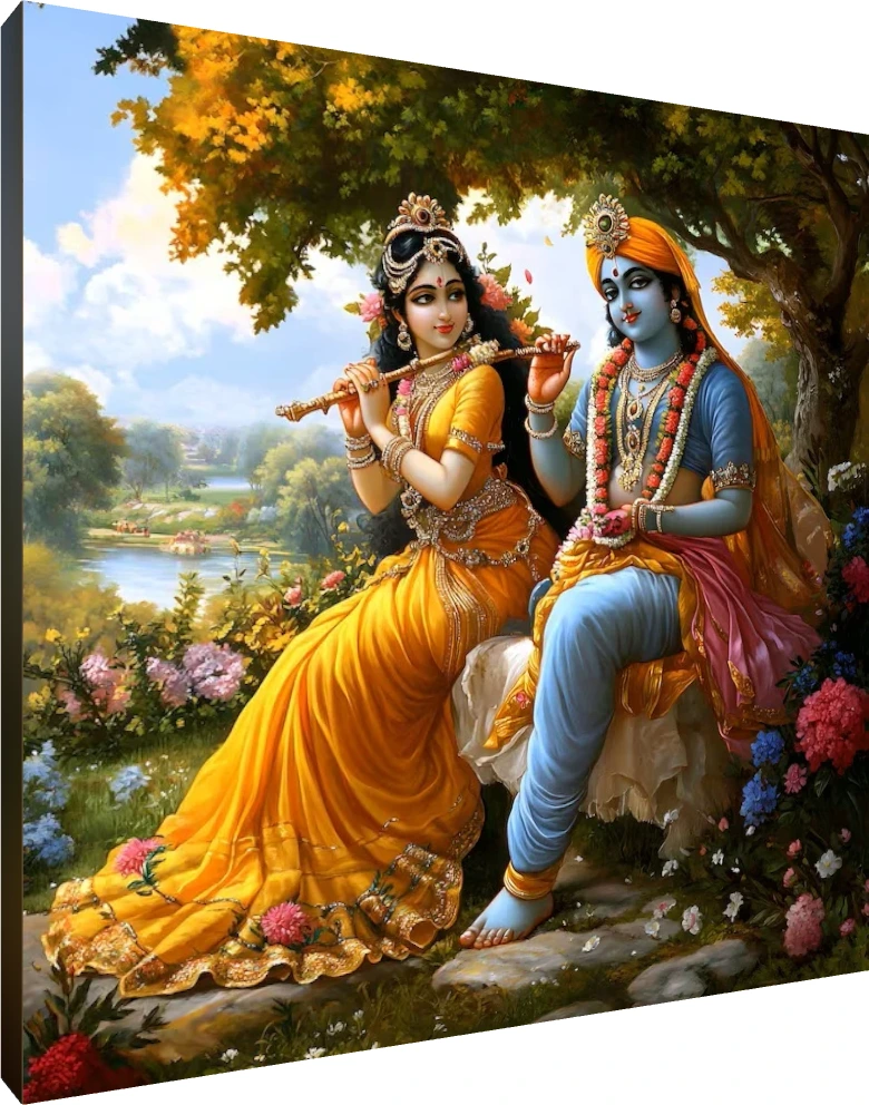 Devotional painting of Radha in a yellow lehenga holding a flute, sitting next to Krishna in a blue dhoti under a lush tree. | PrintPosters.in