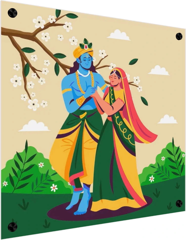 Modern vector illustration of Radha and Krishna holding hands under a blossoming tree in Vrindavan. — acrylic preview | PrintPosters.in