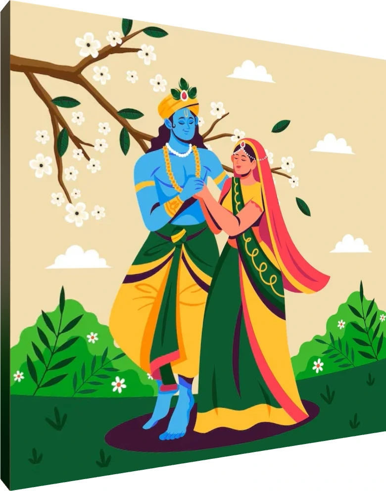Modern vector illustration of Radha and Krishna holding hands under a blossoming tree in Vrindavan. | PrintPosters.in