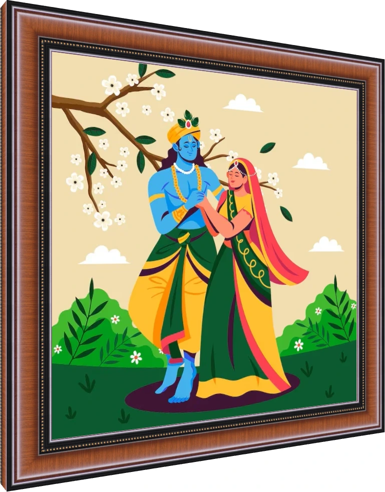 Modern vector illustration of Radha and Krishna holding hands under a blossoming tree in Vrindavan. — photo frame preview | PrintPosters.in