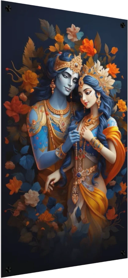 Digital painting of Radha and Krishna in a close embrace, surrounded by orange and blue flowers on a dark background. — acrylic preview | PrintPosters.in