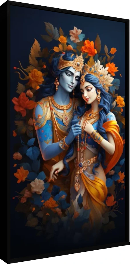 Digital painting of Radha and Krishna in a close embrace, surrounded by orange and blue flowers on a dark background. — floater frame preview | PrintPosters.in