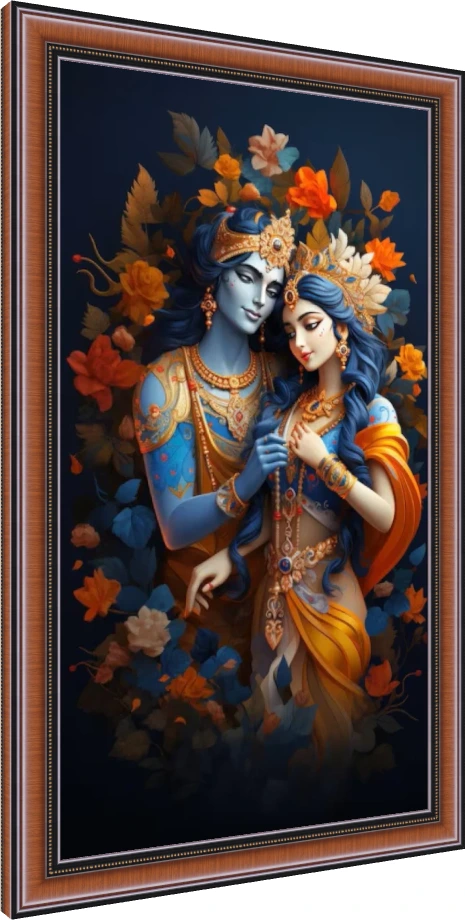 Digital painting of Radha and Krishna in a close embrace, surrounded by orange and blue flowers on a dark background. — photo frame preview | PrintPosters.in