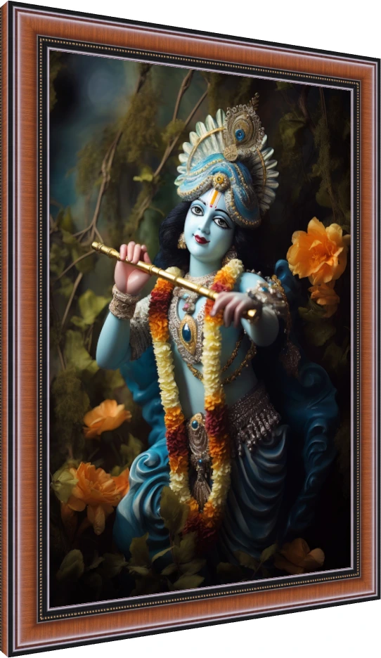 A serene digital painting of Lord Krishna with blue skin, holding a golden flute amidst golden flowers. — photo frame preview | PrintPosters.in