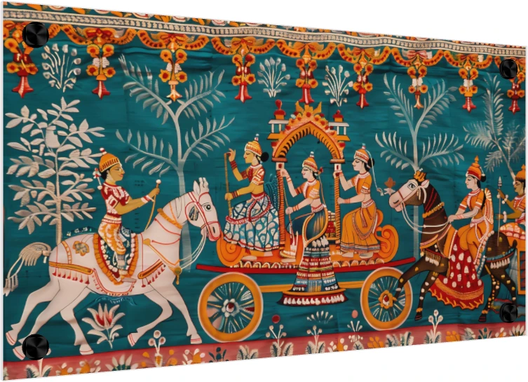 A traditional Indian Pichwai style painting depicting a grand Rath Yatra procession on a teal background. — acrylic preview | PrintPosters.in