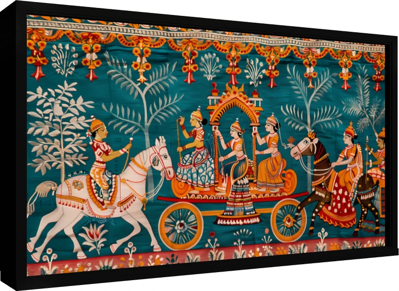 A traditional Indian Pichwai style painting depicting a grand Rath Yatra procession on a teal background. — floater frame preview | PrintPosters.in