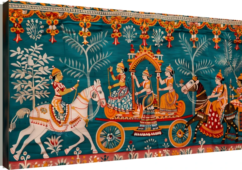 A traditional Indian Pichwai style painting depicting a grand Rath Yatra procession on a teal background. | PrintPosters.in