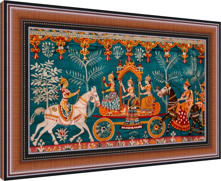 A traditional Indian Pichwai style painting depicting a grand Rath Yatra procession on a teal background. — photo frame preview | PrintPosters.in
