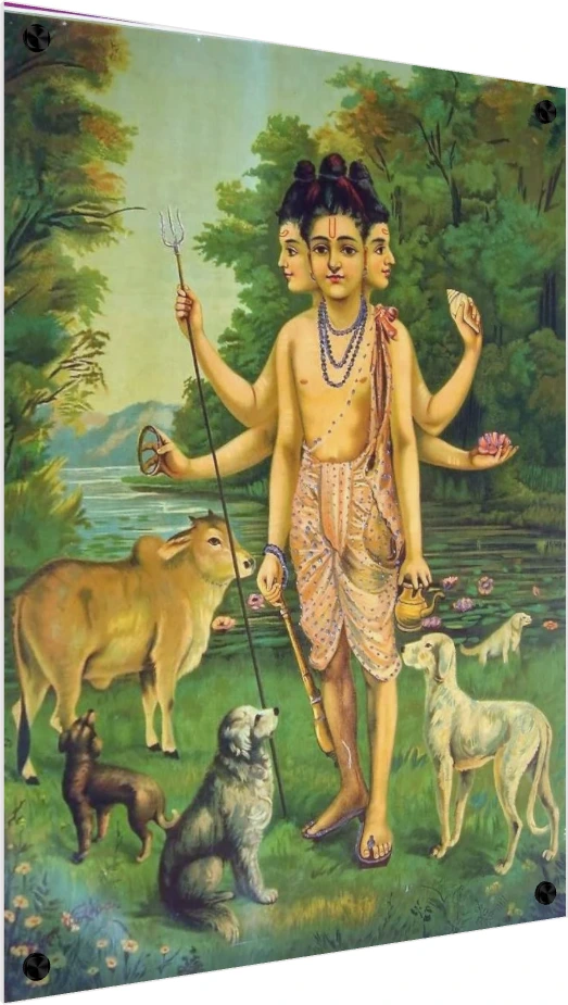 Classic painting of Lord Dattatreya with three heads, six arms, Kamadhenu cow, and four dogs in a lush forest. — acrylic preview | PrintPosters.in
